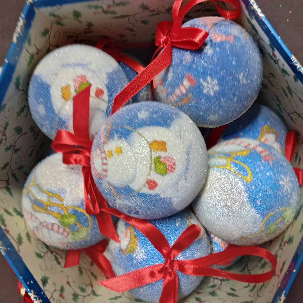 Vintage Cracker Barrel Festive Snowman Christmas Ornaments with Red Ribbon